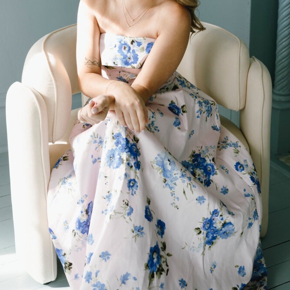 Anthropologie if By Sea Strapless Blue Floral Gown size Medium $129 - Picture 5 of 16